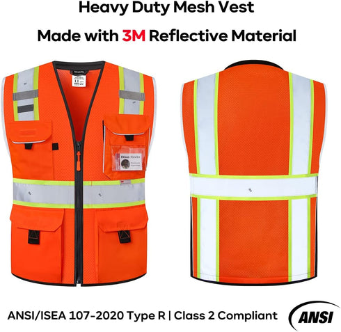 Reflective Safety Vest Orange Mesh, Made with 3M Reflective Tape, Heavy Duty Vest with ID pocket, Padded Neck, Orange L...