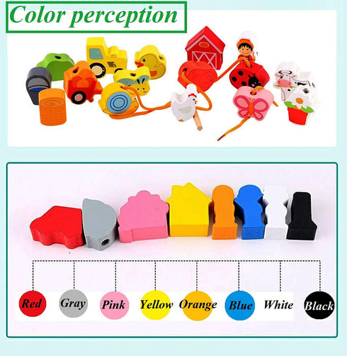Lacing Farm Toy Wooden Block Set, Early Educational Toys String & Lacing Beads Games for Toddlers Kids Farm Animal Learning Play Set (16 Pieces)...