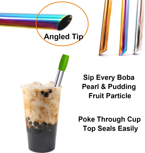 Boba Straws, Reusable Straw Metal Smoothies Jumbo Bubble Tea Tapioca Pearls Milkshake Straws, Pointed Stainless Steel Drinking Straws with Silicon...