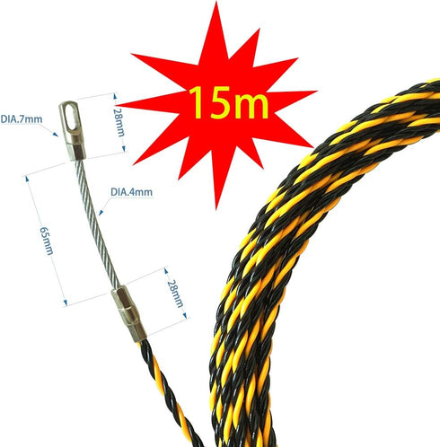 Fish Tape 49FT Wire Fishing Tools 6.0mm Diameter 3 Wires Twisted with Guide Spring, Ideal for Wire Fishing Black and Yellow 15m...