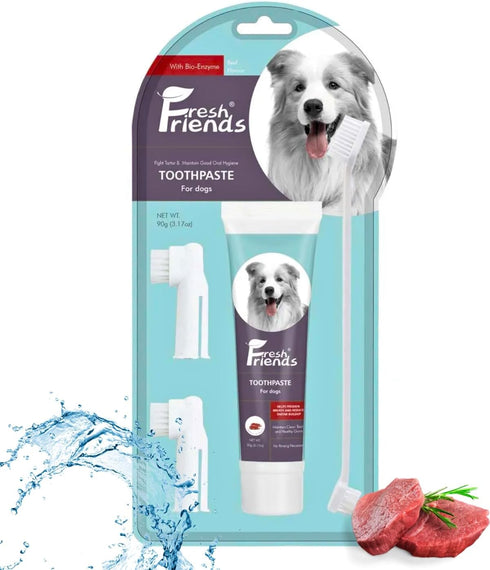 FRESH FRIENDS Enzymatic Dog Tooth Brushing Kit | Dog Toothbrush and Toothpaste | Puppy Tooth Brushing Kit | Dog Teeth Cleaning Kit | Improves Gum ...