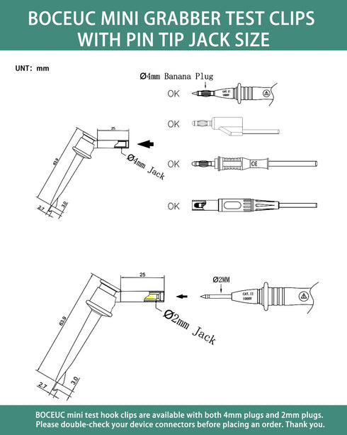 Mini Grabber Test Clip with 2MM Banana Jack, 2 PCS Multimeter Test Lead Hooks Clips Push on Test Probe Electronic Testing IC Grabber...