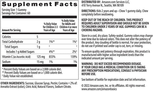 Amazon Basics Kids' Vitamin C 125mg Gummies, Orange, 60 Count, Immune Health, 2 Month Supply (Previously Solimo)...