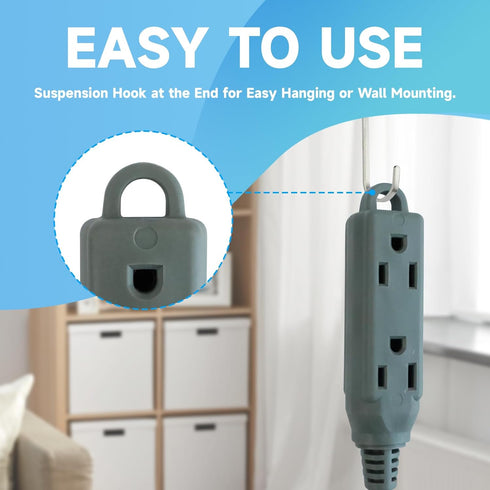 1 Ft Flat Plug Extension Cord, 16 AWG 3 Prong Grounded Low Profile Extension Cable,3 Outlet Extension Wire for Indoor, Grey...