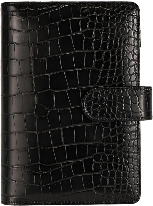 A6 6 Ring Budget Binder - Crocodile Pattern Leather Notebook Binder, Small Refillable Planner Cover with Magnetic Buckle, Black...