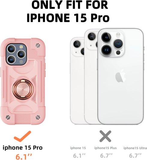 Compatible with iPhone 15 Pro Case 6.1" - Heavy-Duty Shockproof Military-Grade Rugged Cover with Ring Stand, Glass Screen Protector & Camera Lens ...