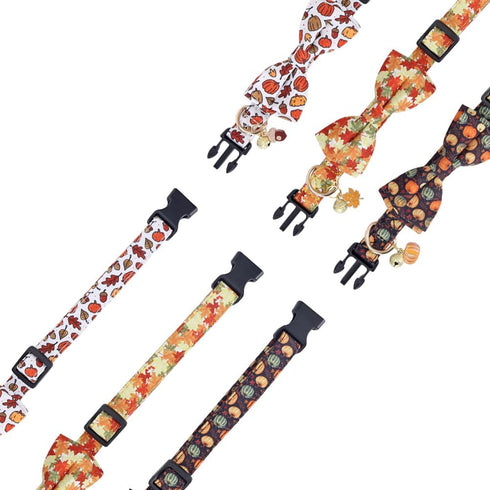 Thanksgiving Day Dog Collar Fall with Bowtie and Bell Autumn Holiday Adjustable Pet Collars for Dogs (Pumpkin,Large)...