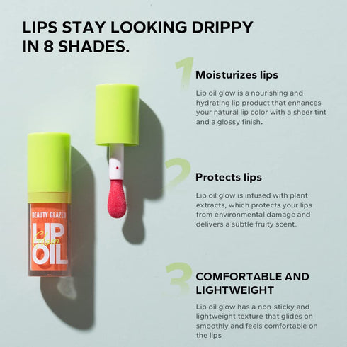 Beauty Glazed Big Brush Head Lip Oil, Ultra-Hydrating & Nourishing, Smooth Glossy Finish Lip Glow Oil, Shiny and Vegan Tinted Lip Gloss, Non-Stick...