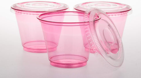 Golden Apple, 9oz-50sets Pink Red Plastic Cups with Clear Flat no Hole lids…...