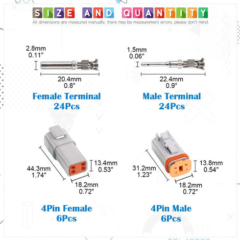 Glarks 54Pcs 4 Pin Way Sealed Gray Male and Female Auto Waterproof Electrical Wire Connector Plug 22-16AWG Connector for Motorcycle, Scooter, Car,...