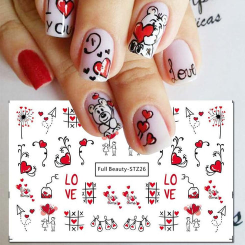 Valentine's Day Nail Stickers DIY Water Transfer Nail Stickers Heart Love Cute Bear Self Adhesive Water Transfer Nail Decals Sexy Lips Love Letter...