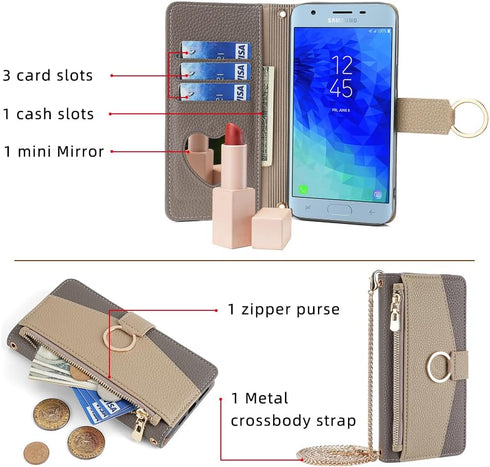 Phone Case for Samsung Galaxy J3 Orbit J 3 Star 2018 3J Achieve Wallet Cover with Screen Protector and Mirror Flip Cover Ring Card Holder Crossbod...