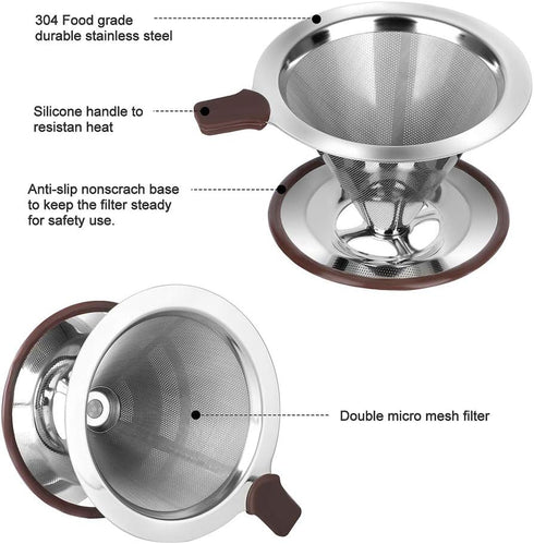 Pour Over Coffee Dripper, Reusable Paperless Coffee Filter,Professional Stainless Steel Drip Cone Brew Coffee Strainer,Upgraded Double Micro Mesh ...