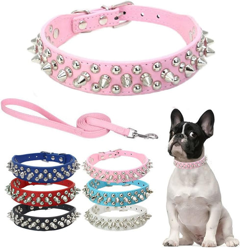 Spike Dog Collar and Leash Set, Studded Mushrooms Faux Pu Leather Durable Soft Metal Rivet Safe Spiked Cat Collars Adjustable for Small Medium Lar...