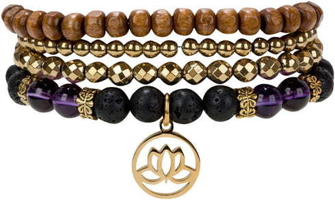 SPUNKYsoul Lotus New Beginnings Bracelet Hematite Amethyst and Lava for healing Stack Bracelet Set Collection...