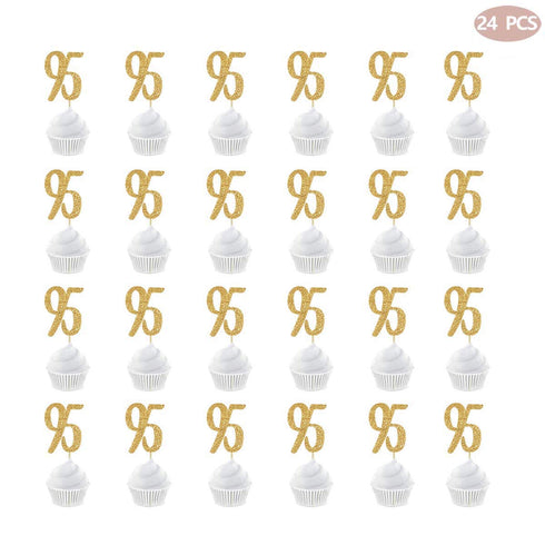 Gold Happy 95th Birthday Cupcake Topper, 24-Pack Number 95 Glitter Birthday Party Cupcake Toppers, Decorations...