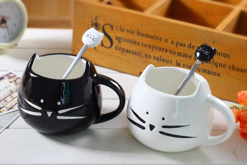 Honbay 2PCS Cute Cat Spoon Stainless Steel Tea Spoon Coffee Spoon Sugar Spoon for Cat Mug, Black and White...