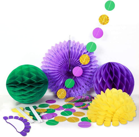 Decor365 Gold Purple Green Mardi Gras Party Decorations Glitter Circle Garlands Banner Hanging Paper Fan Tissue Pompoms Fat Tuesday Mardi Gras Bir...