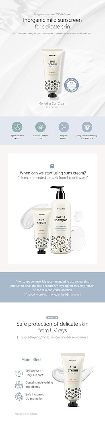 Mongdies Baby Sun Cream SPF30 PA+++ -100% SAFE Moist and Gentle Non-Sticky No White Cast Light-Weight Inorganic Sunscreen, EWG Green, Plant-derive...
