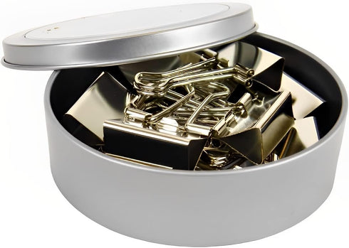 Efficient Office Organization with 12-Piece Silver Tone Binder Clips Set: 1-Inch Metal Clips in a Stylish Magnetic Round Tin Box with See-Thru Cov...