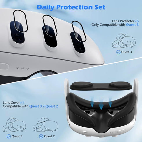 2 Set Camera Lens Protector & 1 Lens Cover for Meta Quest 3, VR Accessories Included Black Circle Tempered Glass Lens Films, Soft Durable Lens Cov...