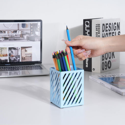 Pen Holder for Desk, Metal Pencil Organizer Pencil Cup Pencil Holder, Square Cute Pen Stand Holder Desk Organizer for Office Supplies, Blue...