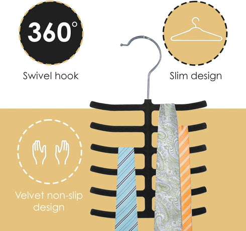 Home Basics 3-Pack Non-Slip Velvet Tie Hanger Organizer Rack 360° Rotatable Hook | Holds 12 Ties Each | Versatile for Belts and Scarves | Slim Des...
