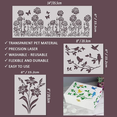 Flower Stencils for Painting on Wood - Reusable Wildflower Stencils for Painting on Walls - Rose, Cherry Blossom, Hydrangea, Lily, Sunflower Stenc...