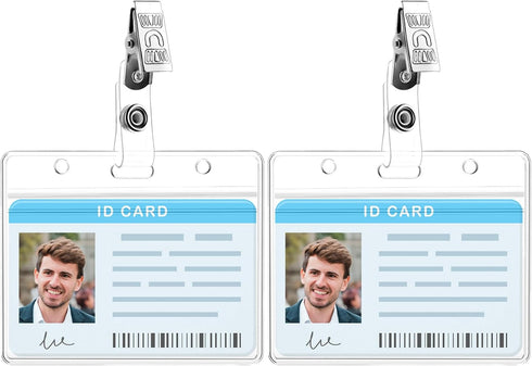Clear ID Badge Holder with Metal Badge Clips, 2 Pack Soft Plastic Badge Card Sleeves Waterproof Credit Card Protector Transparent Name Card Case f...