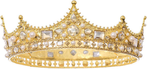 FORSEVEN King Crown for Men Crystal Pearl Wedding Tiaras Birthday Party Round Crowns...