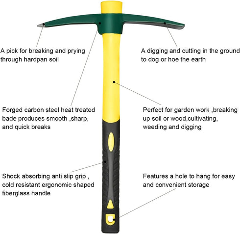 Forged Adze Pick, Weeding Mattock Hoe, Pick Axe 15-Inch, One Piece Intact Drop Forged, Plastic Coated Fiberglass Handle, 1.4LB...