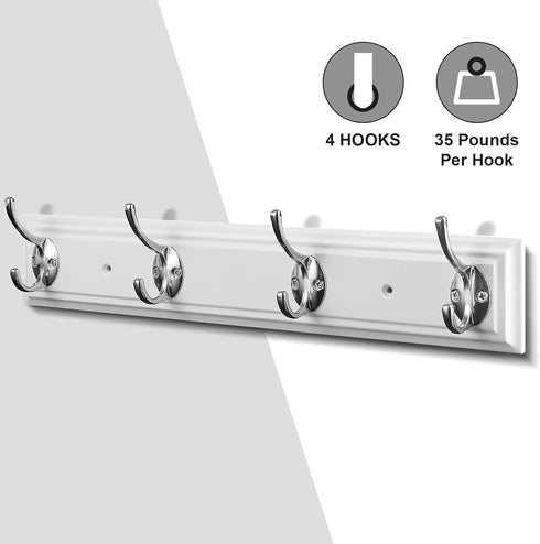 Coat Rack Wall Mounted White, 17" Wooden Modern Wall Coat Hanger with 4 Hooks, Heavy Duty Zinc Alloy Wall Hook Rack for Hanging Coats, Keys, Bags,...