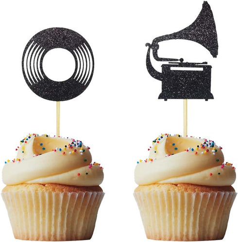 Morndew 24 PCS Vinyl Record Phonograph Cupcake Toppers for Nostalgic Dancing Ball Music Theme Party Birthday Party Wedding Party Decorations...
