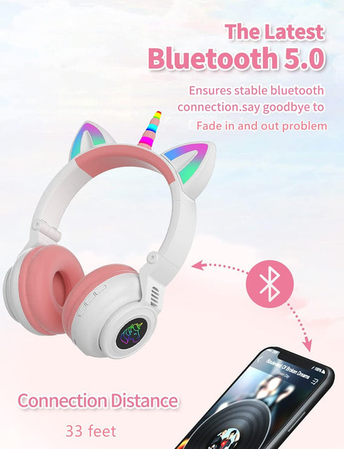 Unicorn Kids Headphones for Girls,Unicorn Bluetooth Headphones Foldable for Girls Toddlers Tablet/pad/Amazon fire,Light Up Kids Wireless Headphone...