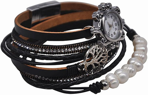 Vintage Casual Women Leather Watch Feather Pearl Wish Tree 2 x Wrap Around Girl Watch Cuff Bangle with Magnetic Clasp...