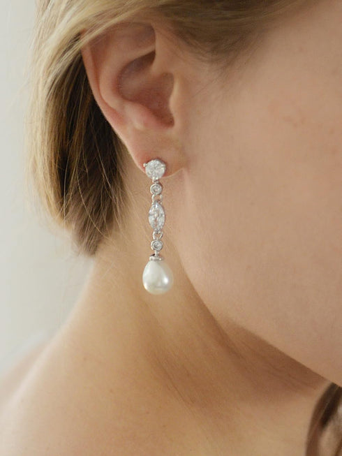 Mariell Pearl Dangle Wedding Earrings with Cubic Zirconia Crystals, Pearl Bridal Earrings, Jewelry for Brides, Homecoming, Mother of the Bride...