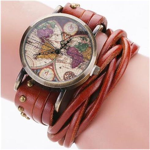Women Watches Soft Leather Wrap Arond Watch Traval Word Map Watch Men Watch Brown/Black (15.95" Length)...