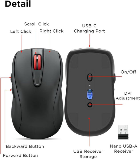 Lenovo USB-C Rechargeable Silent Mouse (WL500) - Silent Buttons, USB-C Rechargeable, Ambidextrous Grip, Adjustable DPI - Plug-and-Play 2.4G Receiv...