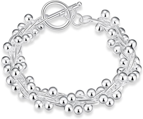 Fashion Sterling Silver Ball Bead Chain Bracelet -Handmade Link Chain Bracelet For Women Mom Wife Valentine Mothers day Gift, Toggle Button 8"...