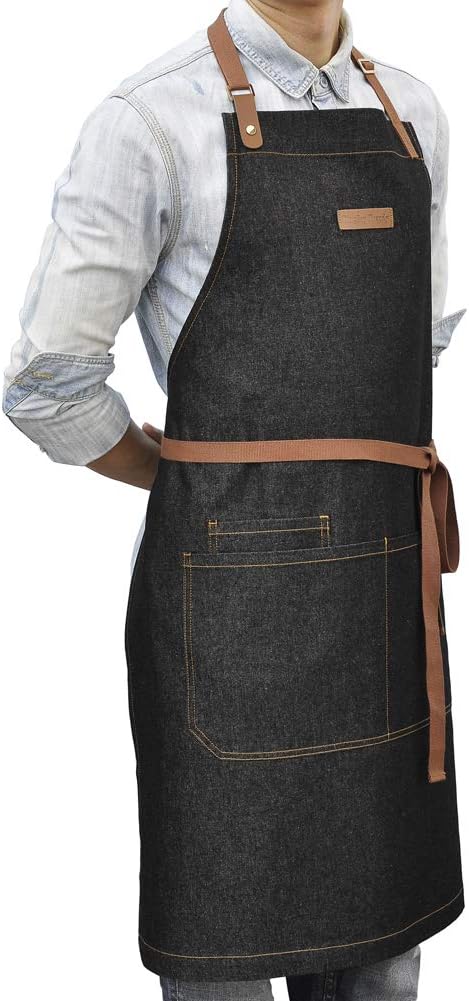 Denim Kitchen Apron with Pockets, Mens Womens Professional Chef Bib Apron for Cooking Grill BBQ Server...