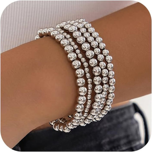 5Pcs Gold Beaded Bracelets 14K Gold Bracelets for Women Bracelet Stack Trendy Stretch Bead Bracelets Silver Bead Bracelet Dainty Jewelry for Women...
