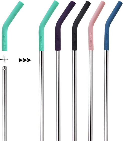 Senneny Set of 5 Stainless Steel Straws with Silicone Flex Tips Elbows Cover, 2 Cleaning Brushes and 1 Portable Bag Included (Silver)- 6mm diamete...