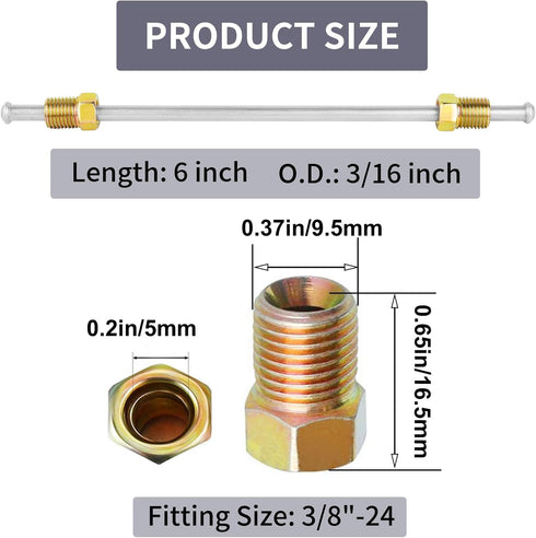 MuHize 6 Inches Brake Line Kit - 3/16 Zinc Coated Brake Line Tube with fittings, Each End Bubble Flared Brake Line Tubing with 6 Fittings and 2 Un...