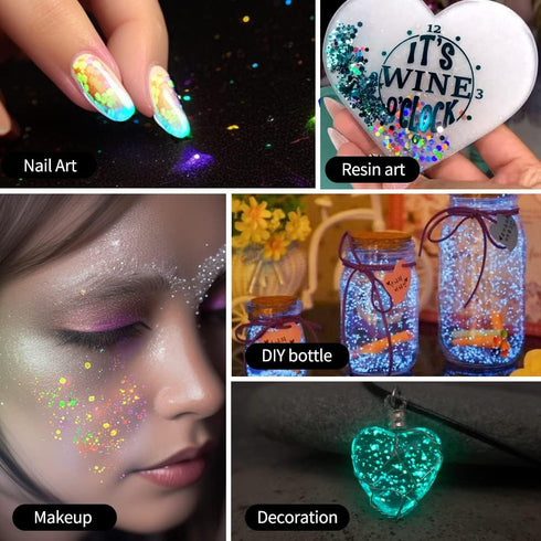 Glow in The Dark Glitter 15 Jar - 12 Colors Glow Glitter and 3 Colors Gold Foil Flakes, High Luminous Glitter for Resin Crafts, Cosmetic, Nail, Gl...