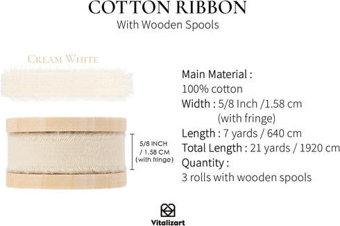 Vitalizart 3 Rolls Handmade Fringe Natural Cotton Ribbon 5/8" x 21Yd Cream White Eco-Friendly Ribbons for Wedding Invites Bridal Bouquets Gift Wra...