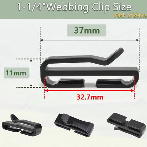 1-1/4" Plastic Webbing Ending Clip, 20 Pack Tactical Molle Belt Clip Hook, Hiking Camping Outdoor Backpack Strap Keeper Clips Slip Clip Buckle Hel...