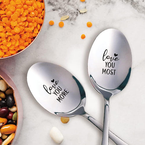 Love You More,Love You Most,2 Pcs Engraved Stainless Spoon Couple Gifts?Husband wife gift for/Wedding/Anniversary/Valentines day?Love gift for boy...