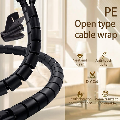 PC Cable Management Sleeve Tube Desk Cord Organizer 2 PCS Black, 7/8 inch -5 ft Cover Wrap Easy to Install Messy Wire Solution for TV Office Compu...