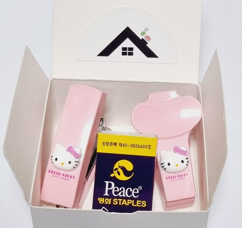 Sanrio Korea Hello Kitty Office School Stationery Stapler + Staple Remover + Staples Set, Pink...