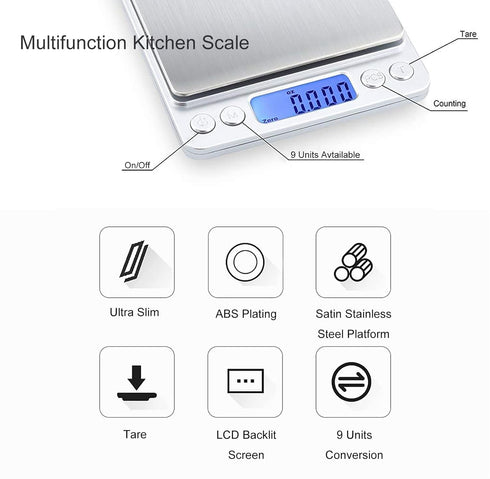 Food Scale Digital Weight 3000g/0.1g Oz Grams and Ounces Kitchen Scale for Cooking Baking with Backlight LCD Display, Tare, 9 Units, Auto Off, 2 T...
